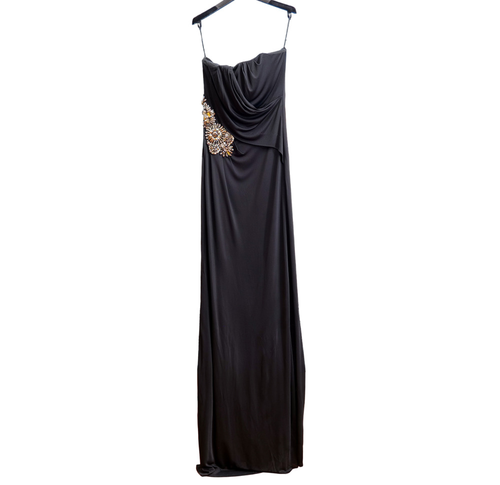 Gucci Black Cowl Draped Crystal Brooch Strapless Evening Column Gown (Size: 40)